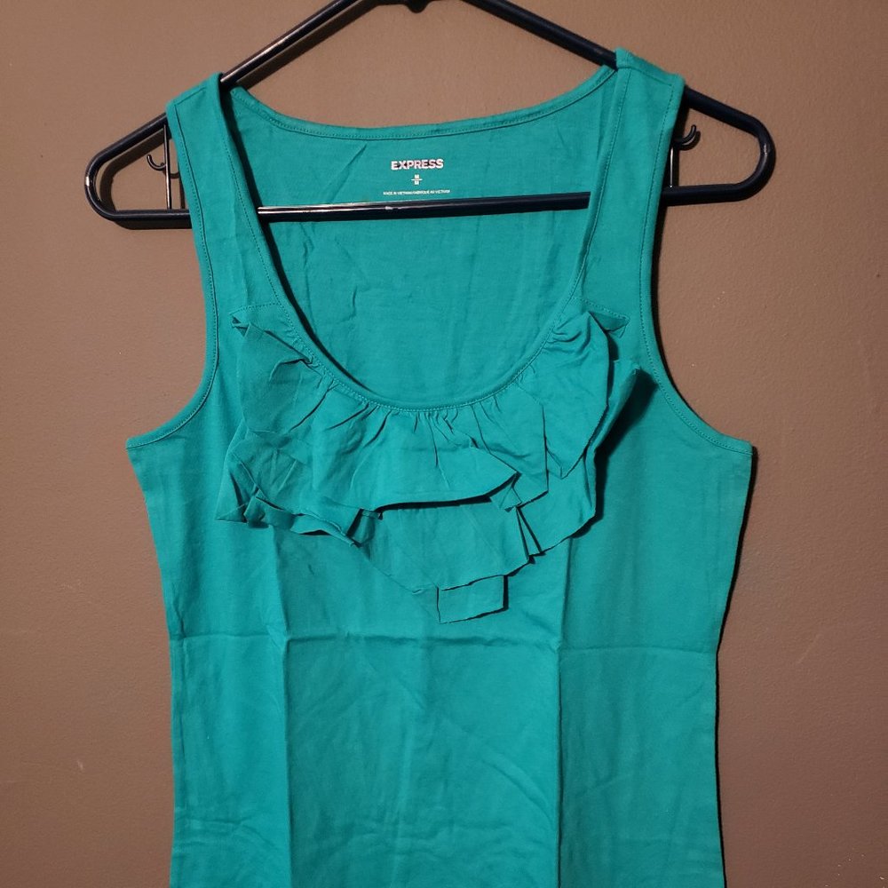 EXPRESS TURQUOISE CARIBBEAN BLUE RUFFLED NECKLINE STRETCH TANK SHIRT M